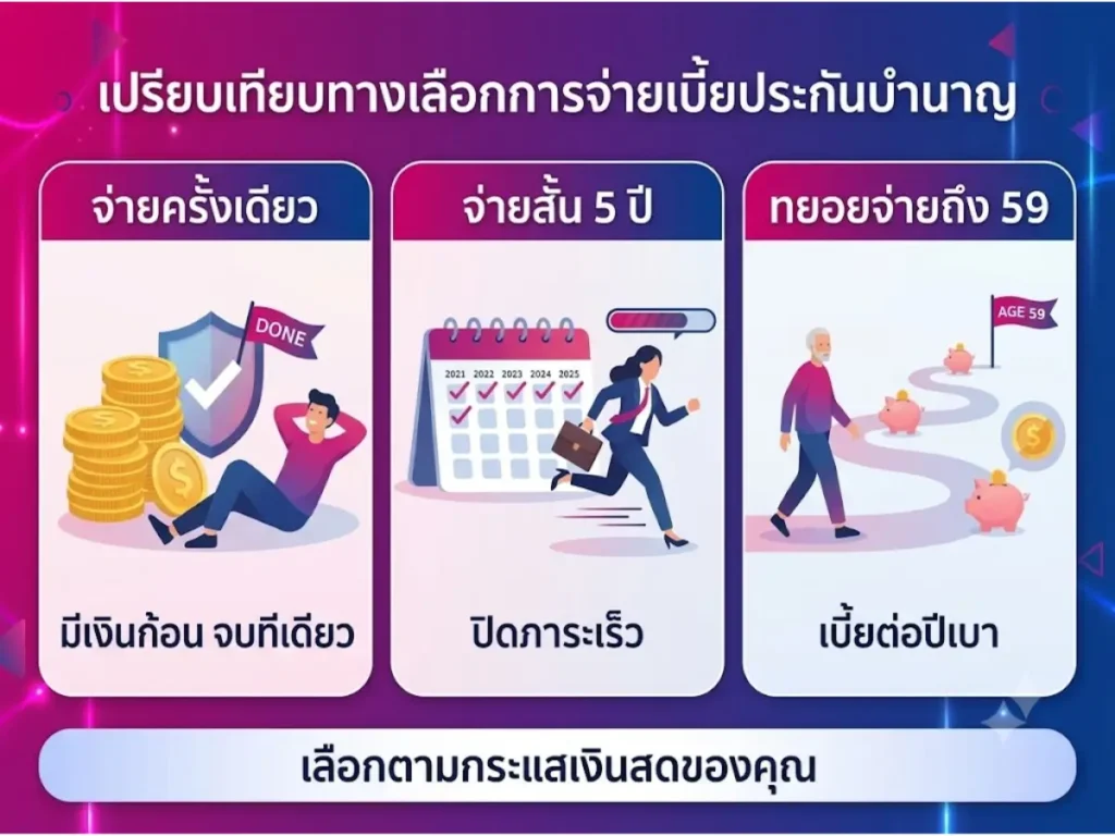 ประกันบำนาญ - เปรียบเทียบทางเลือกจ่ายเบี้ย จ่ายครั้งเดียว จ่ายสั้น 5 ปี และทยอยจ่ายถึงอายุ 59