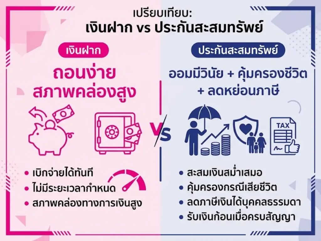 ประกันสะสมทรัพย์ vs ฝากธนาคาร ต่างกันยังไง คุ้มกว่ากันจริงไหม 1 ประกันสะสมทรัพย์ vs ฝากธนาคาร - เปรียบเทียบสภาพคล่อง ผลตอบแทน และการคุ้มครองชีวิต